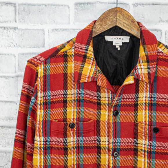 FRAME Denim Men's Button up Flannel Shirt Jacket in Dark Rouge multi cotton sz S - Picture 6 of 8